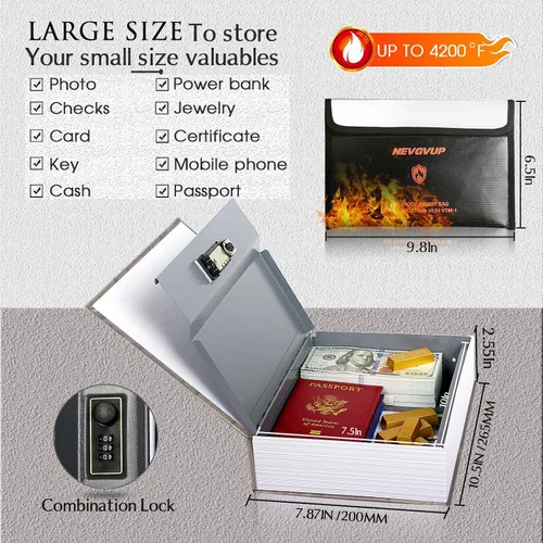 Miniatura 2 de Caja fuerte de libro de diversión con bolsa de dinero a prueba de fuego de 4200°F y cerradura de combinación, 10.5" x 7.9" x 2.5" caja fuerte
