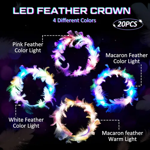 Miniatura 2 de Taiyin 20 diademas de plumas LED, coronas de flores iluminadas, coronas de flores para mujeres, diadema que brilla en la oscuridad, para boda