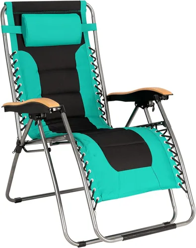 Miniatura 10 de Goplus Sillón plegable de gravedad cero, silla de patio reclinable acolchada de gran tamaño con reposabrazos de haya y almohada para la cabeza