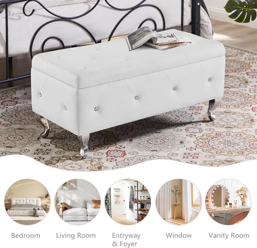 Miniatura 6 de mikibama Banco otomano de piel sintética para dormitorio, banco otomano de almacenamiento con botones de cristal con asiento y patas de metal Blanco