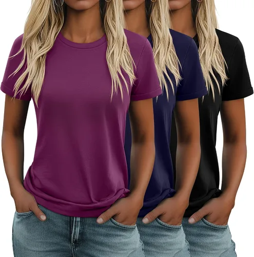 Miniatura 36 de Huukeay Paquete de 3 camisetas de algodón para mujer, estilo casual, de manga corta, cuello redondo, ajuste holgado, básica, lisa