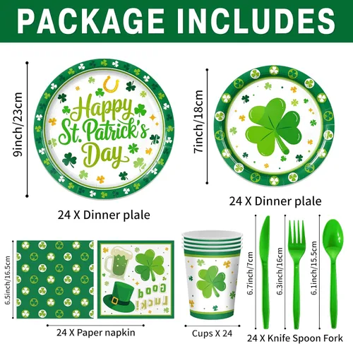 Miniatura 2 de 168 piezas de suministros para fiesta del día de San Patricio, platos y servilletas de papel del día de San Patricio, tazas, cuchillo, tenedor y St.