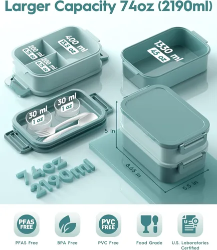 Miniatura 3 de Caja Bento para Adultos con Bolsa de Almuerzo Aislada, Capacidad de 74 oz, 3 Cajas Bento Apilables a Prueba de Fugas con Utensilio y Salsa Verde