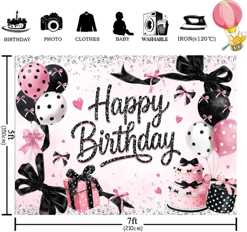 Miniatura 4 de Telón de fondo de feliz cumpleaños negro y rosa de 7 pulgadas de ancho x 5 pies de alto, tela de poliéster, globos de lazo femenino, pastel