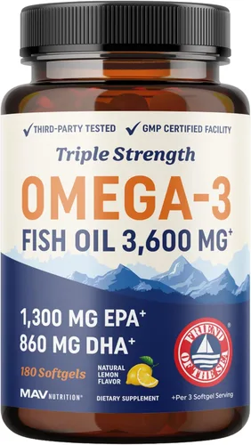 Aceite de pescado Omega 3 de triple fuerza 3600 mg | EPA y DHA | Más de 2100 mg de ácidos grasos omega-3 | 1300 mg EPA + 860 mg DHA | Los mejores
