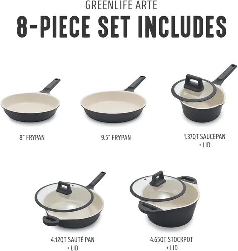 Miniatura 4 de GreenLife Juego de utensilios de cocina antiadherentes de cerámica de 8 piezas, apto para inducción, no tóxico, sin PFAS, apto para lavavajillas
