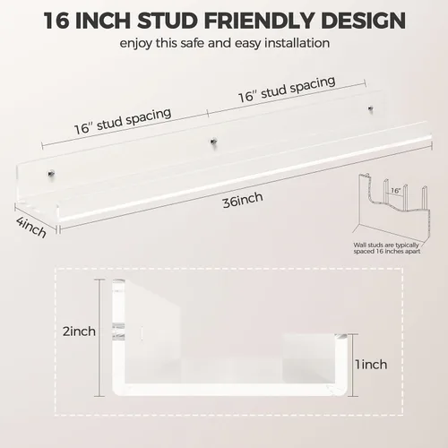 Miniatura 3 de HBlife Estantes flotantes de 36 pulgadas para montar en la pared, estantes de acrílico transparente para figuras, 16 pulgadas de espacio entre
