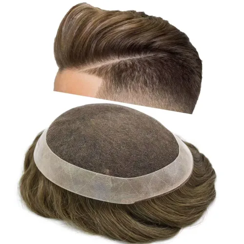 Miniatura 7 de Tupé para hombres, sistema de cabello humano, encaje francés suave con PU para hombre, extensiones de pelo de piel fina para hombres, pelucas