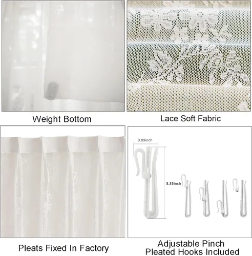 Miniatura 5 de Cortinas traslúcidas de encaje blanco de 45 pulgadas de largo, paneles de cortinas plisadas para ventana, 26 pulgadas de ancho x 45 pulgadas