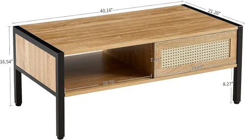 Miniatura 2 de Mesa de centro moderna de mediados de siglo con almacenamiento, mesa rectangular de madera de 40.16 pulgadas con panel de puerta deslizante de ratán
