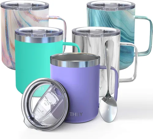 THILY Taza de café aislada de acero inoxidable de 12 onzas, taza de viaje con triple aislamiento con asa y tapa a prueba de derrames, mantiene el