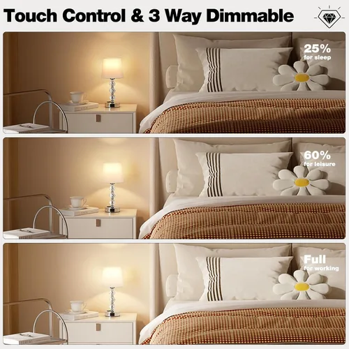 Miniatura 4 de Lámpara de mesa, de cristal, regulable de 3 vías, con 2 puertos de carga USB, de 17.7 pulgadas de alto con moderna pantalla, lámpara de cama
