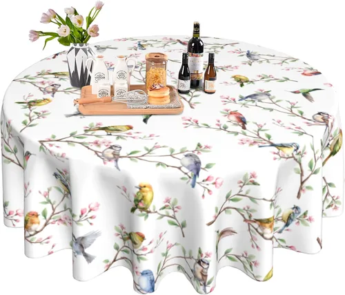 Mantel redondo de primavera y verano de 60 pulgadas, diseño floral de ramas de pájaros, mantel lavable para fiesta, picnic, cocina, decoración de