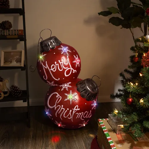Alpine Corporation Adorno de bola de Navidad para interiores y exteriores de 30 pulgadas de alto con luces LED que cambian de color, rojo,