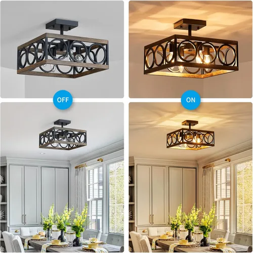 Miniatura 4 de XINGQI Moderna lámpara de techo semiempotrada de 4 luces de 13 pulgadas para sala de estar, comedor, dormitorio, grano de madera antigua+acabado