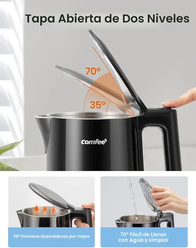 Miniatura 5 de COMFEE' Hervidor eléctrico de té de 1.7L de doble pared y caldera de agua eléctrica, 100% acero inoxidable interior y tapa y caño, tapa de dos Pared