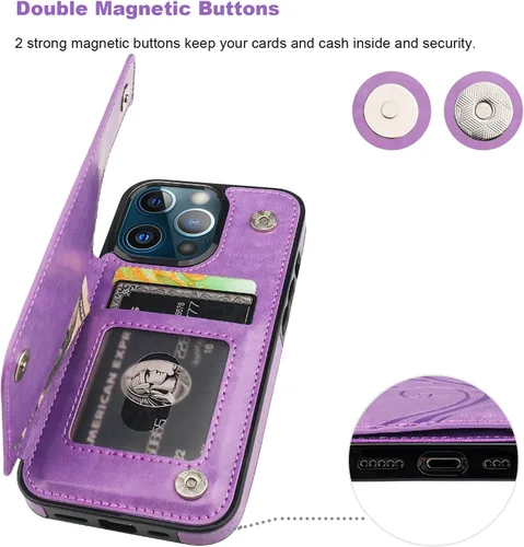 Miniatura 7 de Vaburs Funda compatible con iPhone 13 Pro con tarjetero y diseño de mariposa en relieve, de piel sintética, doble botón, a prueba de golpes