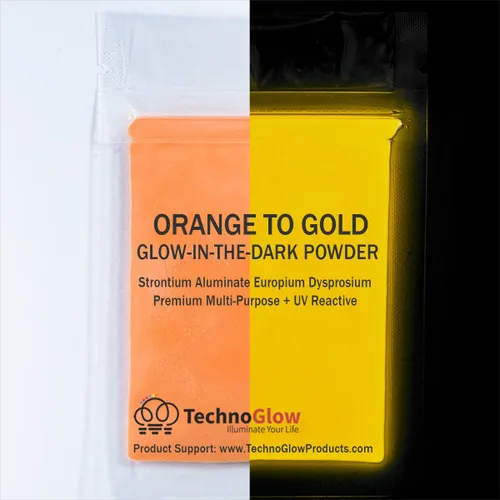 Polvo reactivo que brilla en la oscuridad y a los rayos UV, multiusos, serie PRO (naranja fluorescente a oro, 1 onza (0.99 oz))