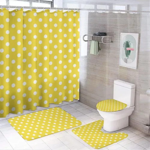 Miniatura 64 de Juego de 3 alfombras de baño con diseño de lunares, color azul aguamarina, antideslizante, con contorno en forma de U y tapa de inodoro