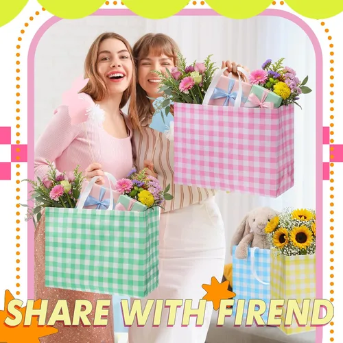 Miniatura 2 de Colarr 12 piezas bolsas de mano de Pascua extra grandes con asa, bolsa de regalo de primavera, no tejida, a cuadros búfalo, impermeable