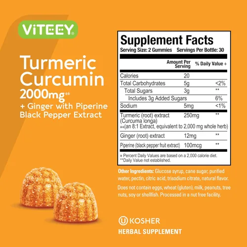 Miniatura 4 de Gomitas de curcumina de cúrcuma con jengibre y pimienta negra [Apoya el dolor articular y antiinflamatorio] Suplemento de hierbas, veganas, gomitas