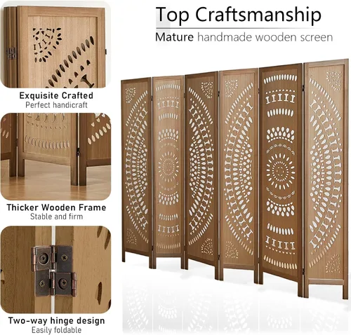 Miniatura 4 de Separador de pared de madera de 6 paneles de 6 pies, pantalla de división plegable, separador de pared independiente, decoración rústica bohemia