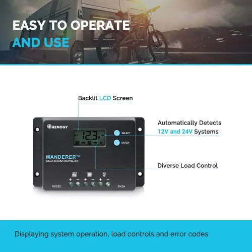 Miniatura 5 de Renogy controlador de carga solar de 10 amperes, 12 V/24 V PWM, conexión de polo negativo a tierra, diseño compacto con pantalla LCD