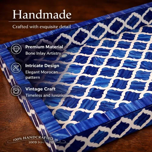 Miniatura 4 de Bandeja de servir hecha a mano con incrustaciones de hueso, bandeja de desayuno de damasco marroquí azul y blanco, bandeja rectangular de madera