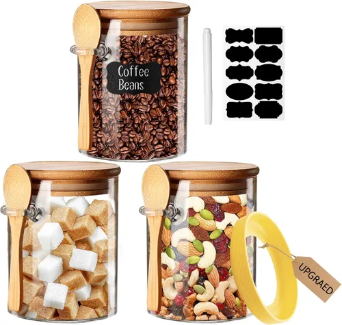 Miniatura 10 de Yalucky Tarros de especias, recipientes de avena durante la noche con tapa hermética y cuchara, juego de recipientes decorativos de cocina
