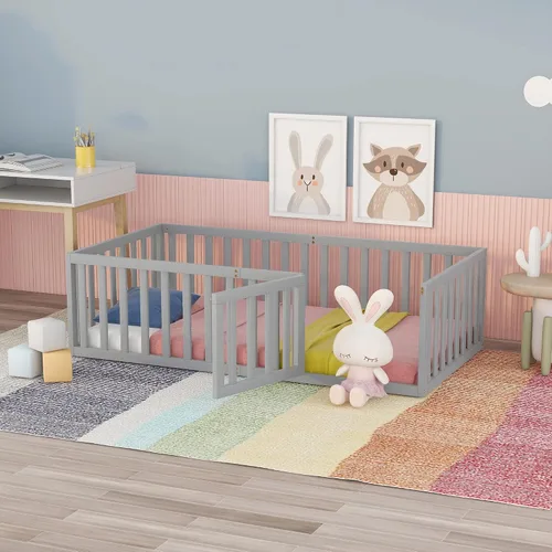 Cama Montessori de suelo individual con puerta y valla para niños, marco de cama Montessori bajo de madera maciza con barandillas de seguridad de