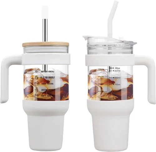Miniatura 9 de Chunmo - Vaso de vidrio de 40 onzas con 2 tapas - Tapa de popote de bambú y tapa de popote 2-en-1 con apertura y cierre, taza para café helado