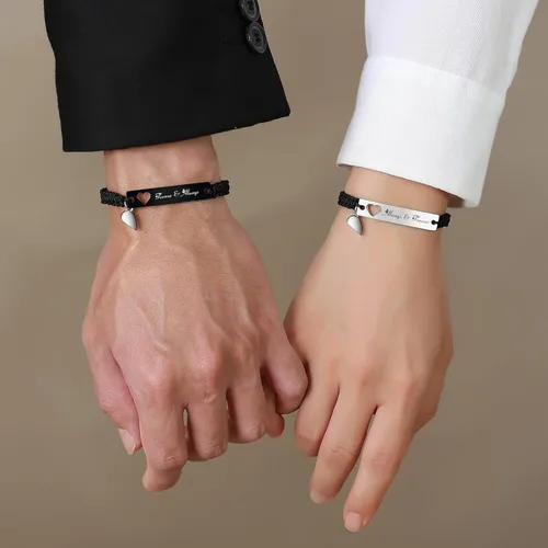 Miniatura 6 de MPRAINBOW Pulsera trenzada personalizada para parejas pulseras grabadas con palabras de promesa con nombre personalizado, pulseras de relación