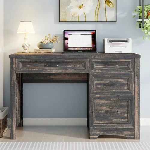 Miniatura 11 de Halitaa Escritorio ejecutivo de granja con cajones, escritorio de madera para computadora con amplio cajón de archivos, escritorio rústico