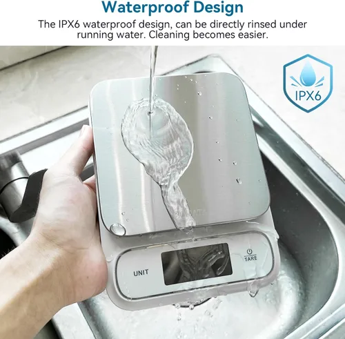 Miniatura 3 de BOMATA Báscula de cocina impermeable IPX6, 0.1 g/0.01 oz de alta precisión, 11.0 lbs/11 libras, báscula digital con luz de fondo, plataforma de 0.00