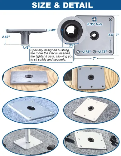 Miniatura 6 de MATINA Base de asiento de barco, pedestal y base de aluminio de 7 x 7 pulgadas con enchufe de poste de pasador de 3/4 pulgadas, accesorios de barco