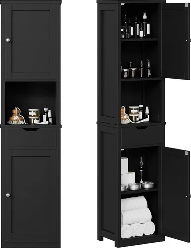 Miniatura 8 de Shintenchi Armario de almacenamiento alto para baño, gabinete de piso delgado de esquina con puertas y cajón, organizador de baño estrecho Blanco