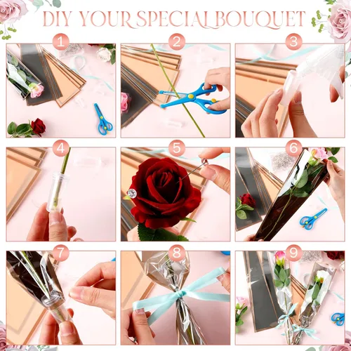 Miniatura 4 de Outus Accesorios para ramo de flores, 200 unidades, fundas de rosas individuales con 200 tubos de agua florales y 200 pines de ramo de cabeza