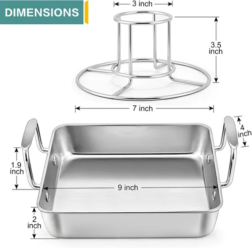 Miniatura 2 de P&P CHEF Soporte para Pollo con Lata de Cerveza con Juego de Bandeja para Asar, Molde Cuadrado de Acero Inoxidable de 9 Pulgadas y Rejilla