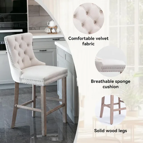 Miniatura 3 de Juego de 2 Sillas de Comedor, Modernos Taburetes de Bar Tapizados de Terciopelo con Decoración de Botones Capitoné y Patas de Madera, Ribete
