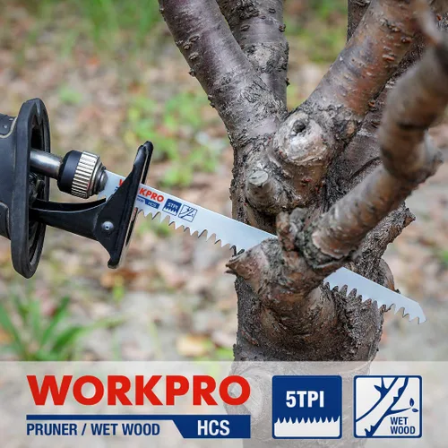 Miniatura 6 de WORKPRO Juego de hojas de sierra recíproca de madera de 5 piezas, 9 pulgadas, 5TPI, CR-V, kit de hojas de sierra de acero para Bosch, Black &