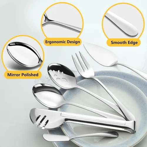 Miniatura 3 de Pleafind Juego de 10 utensilios de acero inoxidable para servir con cucharas, cucharas ranuradas, tenedores, pinzas, servidor de pastel y cuchillo