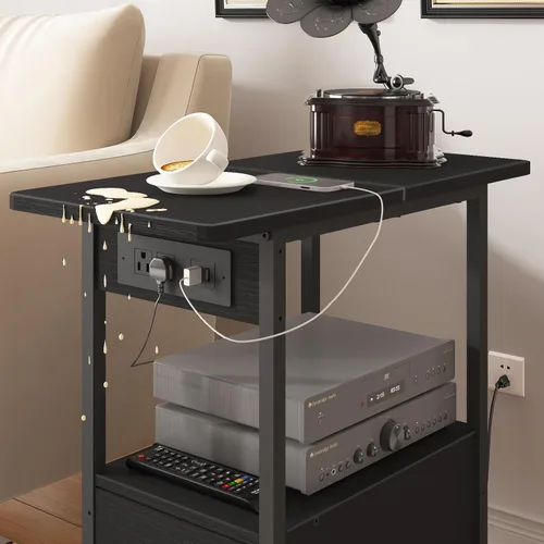 Miniatura 7 de LIDYUK Mesa auxiliar con estación de carga, mesa auxiliar estrecha con cajón, puertos USB y tomas de corriente, mesita de noche para espacios Negro