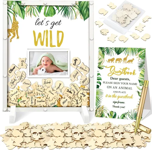 Miniatura 11 de Beeveer 65 piezas de libro de invitados para baby shower, libro de invitados azul para baby shower, libro de invitados con marco de fotos y 60 chips