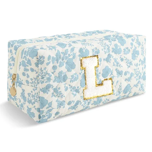 Miniatura 395 de Pequeña bolsa de maquillaje personalizada con inicial A-Z Preppy Patch, bolsa de cosméticos de viaje de felpilla blanca con cremallera, bonita bolsa