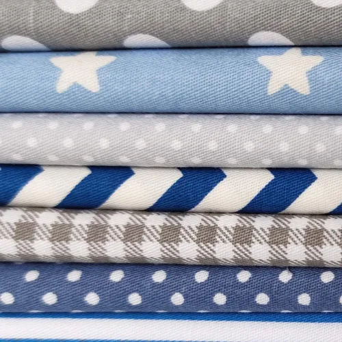 Miniatura 4 de 7 piezas de tela de acolchado de algodón, azul y gris, paquetes de parches estampados cuadrados, lunares ondulados, tela a rayas para coser
