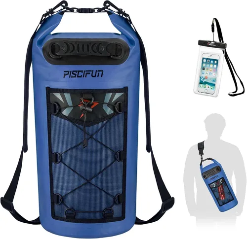 Piscifun Bolsa seca, mochila flotante impermeable 10L/20L/30L/40L con funda impermeable para teléfono para navegación, kayak, pesca Sapphire Blue