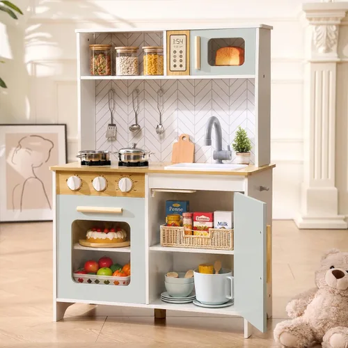 Miniatura 9 de Play Kitchen - Juego de cocina de juguete de madera para niños con luces y sonidos simulados, cocina de madera Montessori con fregadero, estufa