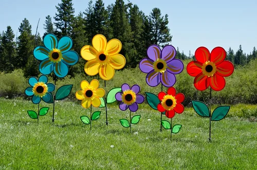 Miniatura 4 de Molinete con hojas de girasol púrpura "En la Briza" de 19 pulgadas. Incluye estaca para el suelo. Colorida flor para tu patio y jardín, 12", Rojo