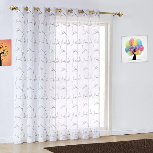 Warm Home Designs 1 panel de cortina para puerta corrediza de lino sintético blanco transparente con bordado de hojas cosidas de color carbón
