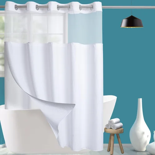 Miniatura 21 de Conbo Mio Cortina de ducha sin ganchos de tela de gofre con forro extraíble, lujosa para hotel, azul oscuro, para baño con ventana transparente